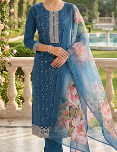 Blue Suit With Work And Organza Duppatta Pant Border