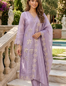 Purple V Neck With Cut Work And Heavy Duppatta