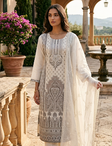 White Chikankari Suit With Print