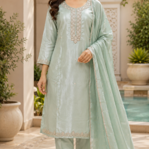 Pista Green Glass Fabric Handwork Suit
