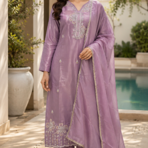 Lilac Hand Work Heavy Duppata Glass Fabric Suit